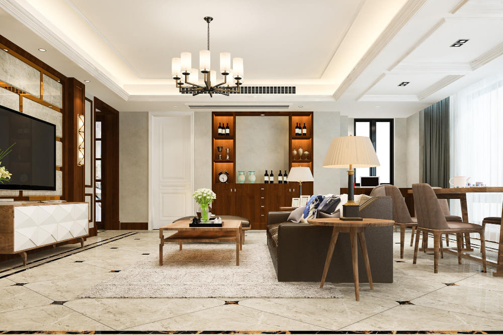 Spacious living room with modern furniture