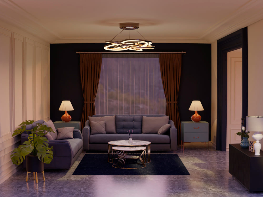 Luxurious master bedroom with large windows